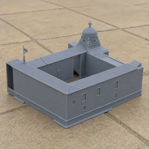 3D-printed gray model of Colchester Castle with detailed walls and a central domed tower.