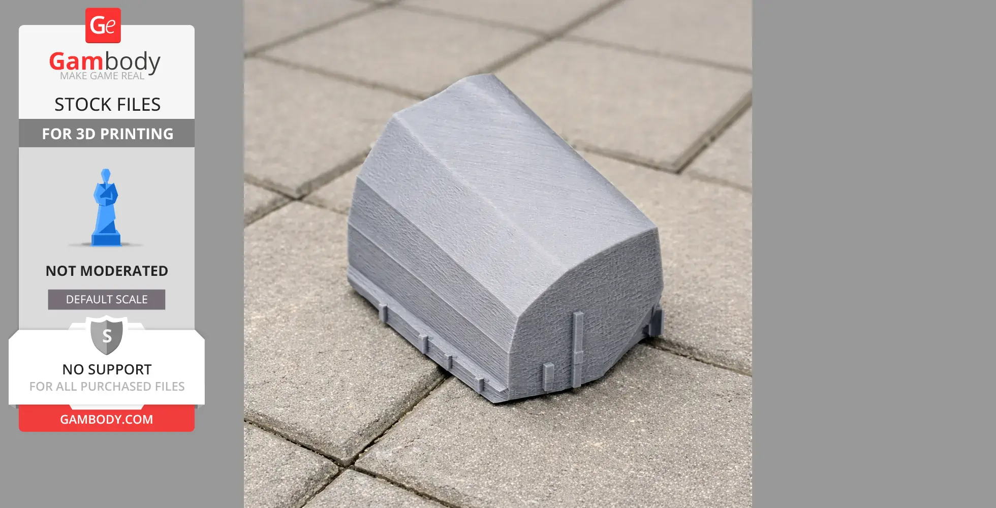 A gray 3D-printed geometric structure resembling a small building on a tiled surface.