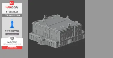 3D model of a detailed, rectangular castle with multiple windows and chimneys.