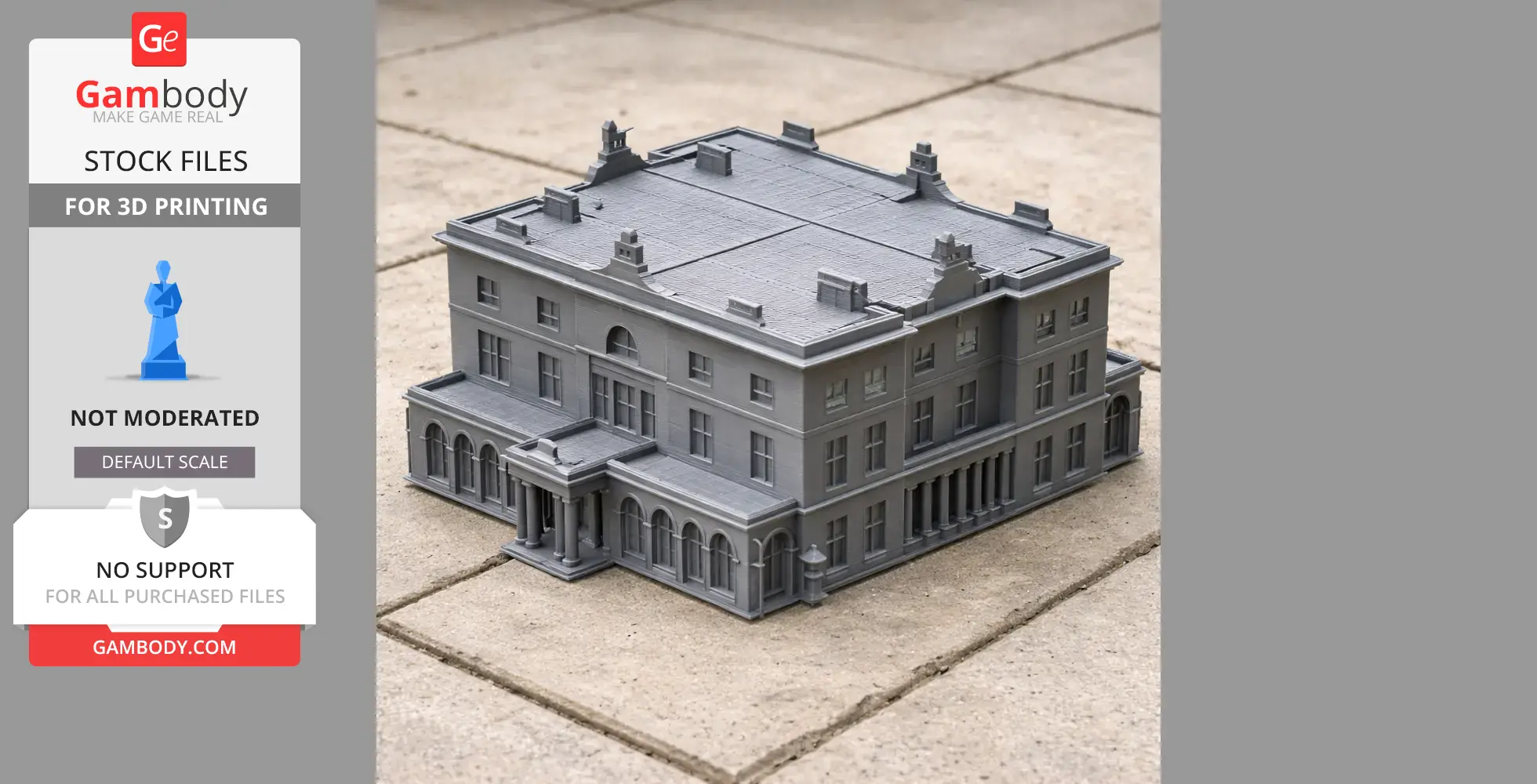 3D-printed model of a detailed, multi-story classical building with arches and symmetrical design.