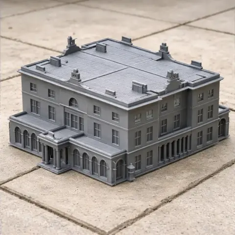 Gray 3D-printed model of a historic mansion with detailed architectural features.