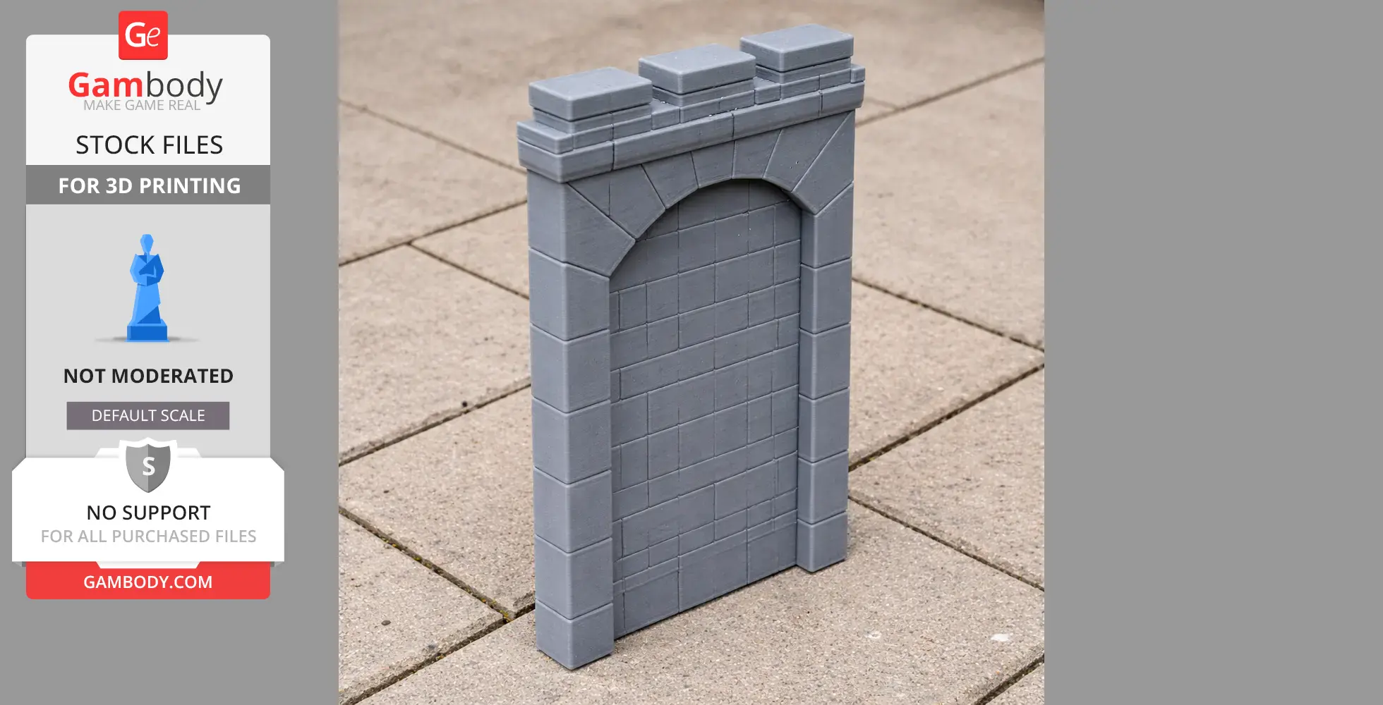 Gray 3D-printed defensive wall section with brick detailing and an arch design, set on a tiled surface.