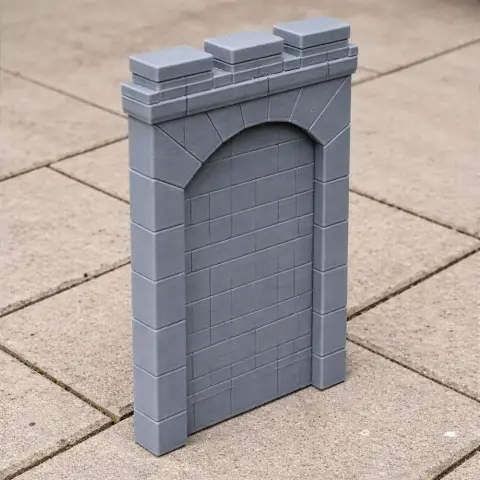 Gray stone arch wall model, rectangular, with block details for 3D printing.