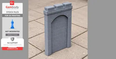 Gray 3D-printed defensive wall section with brick detailing and an arch design, set on a tiled surface.