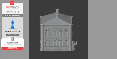 A detailed 3D model of a Gothic-style building with arched windows and decorative elements.