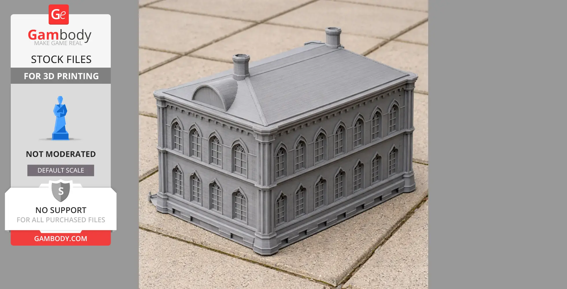 3D printed model of a neo-Gothic building with arched windows and chimneys, resembling the Diocese of Ghent.