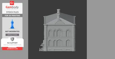 3D model of a detailed, Gothic-style building facade with arched windows and a pitched roof.