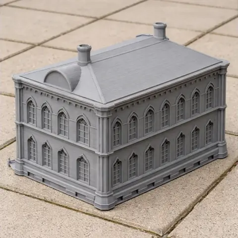 Detailed 3D model of a Gothic-style building with arched windows and chimneys.