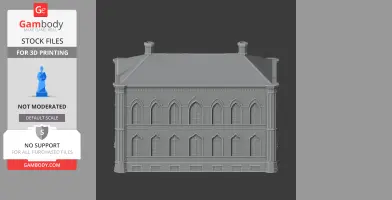 3D model of a Gothic-style building facade with arched windows, columns, and a pitched roof.
