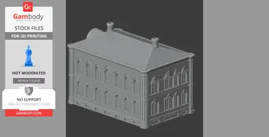 3D model of a Gothic-style building with arched windows and two chimneys, designed for 3D printing.