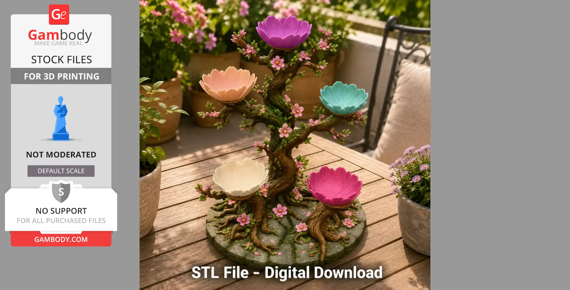 A 3D printed tree with colorful lotus-shaped bowls and pink blossoms for jewelry, set on a wooden table.