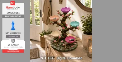 A decorative jewelry holder shaped like a tree with colorful lotus blossom bowls on branches.
