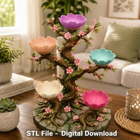 Enchanted tree jewelry holder with colorful lotus blossom bowls on twisting branches, adorned with pink flowers.