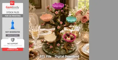 A tree-shaped jewelry holder with colorful lotus blossom dishes on a table setting.