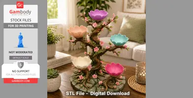 A whimsical tree with colored lotus flower bowls for holding jewelry, set on a decorated base.
