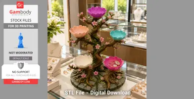 Enchanted tree jewelry holder with colorful lotus blossom trays and delicate branch details.