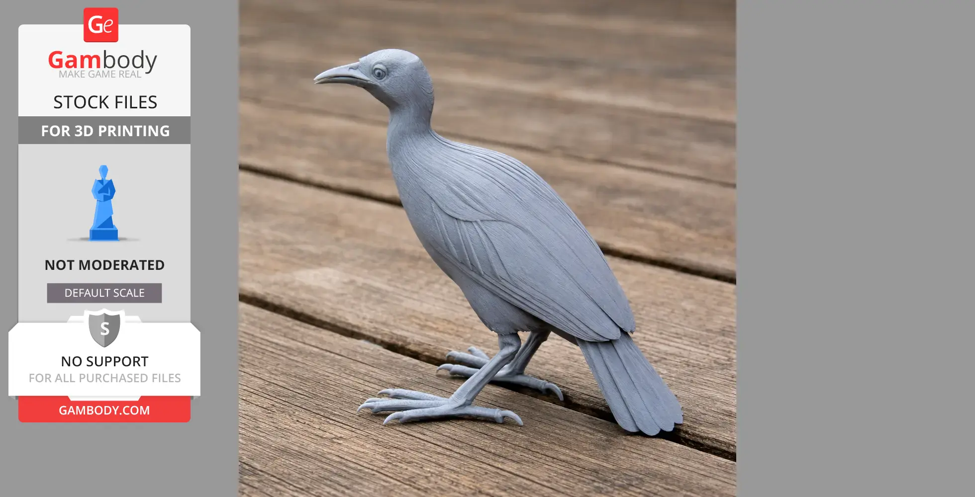 A detailed gray 3D model of a rail bird with a prehistoric appearance, on a wooden surface.