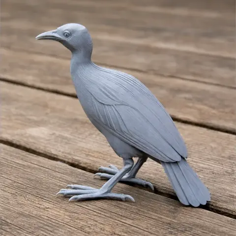 A detailed 3D-printed model of a prehistoric bird, standing on a wooden surface.