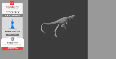 Gray 3D model of a Raptorex dinosaur, ready for 3D printing, displayed against a dark background.