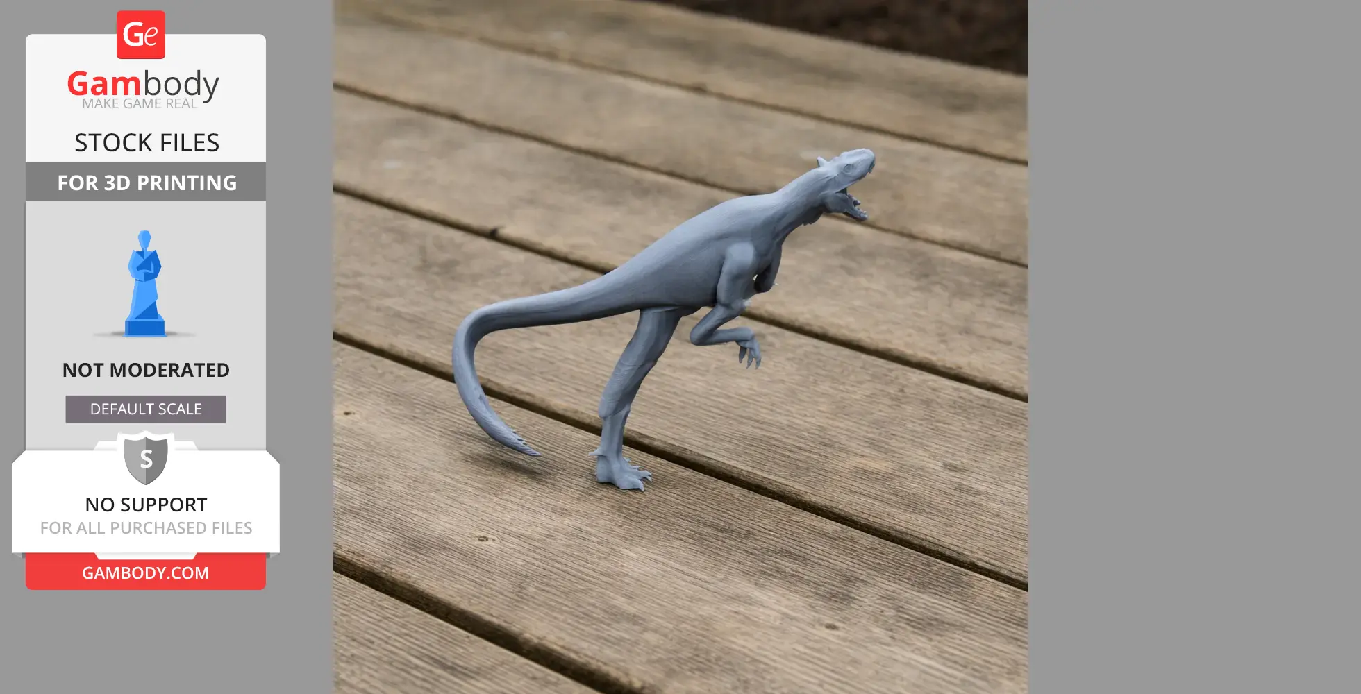 A 3D printed model of a dinosaur-like creature, Raptorex, posed on a wooden surface.