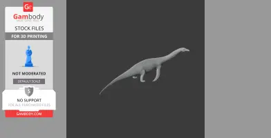 A 3D model of a Rayosaurus, a long-tailed prehistoric dinosaur, on a dark background.