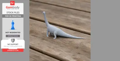 A small 3D printed model of a Rayosaurus with a long neck and tail on a wooden surface.
