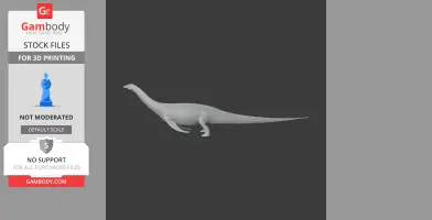 A 3D model of a dinosaur resembling Rayosaurus, designed for 3D printing, on a dark background.