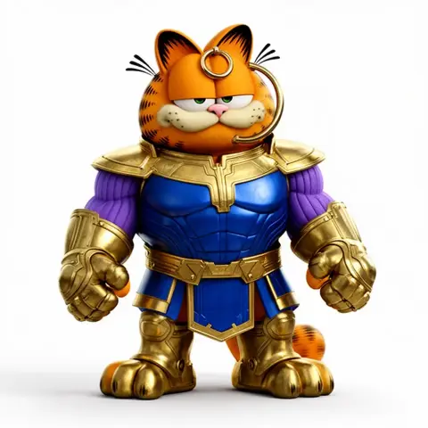 Anthropomorphic cat wearing golden armor, purple sleeves, and a stern expression.