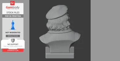 3D model showing the back view of a historical bust with wavy hair and a beret, ready for printing.