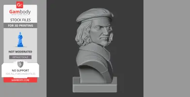 Bust of a historical warrior with long hair and a beret on a pedestal, designed for 3D printing.