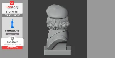 Bust of a historical warrior wearing a cap, depicted from the backside.