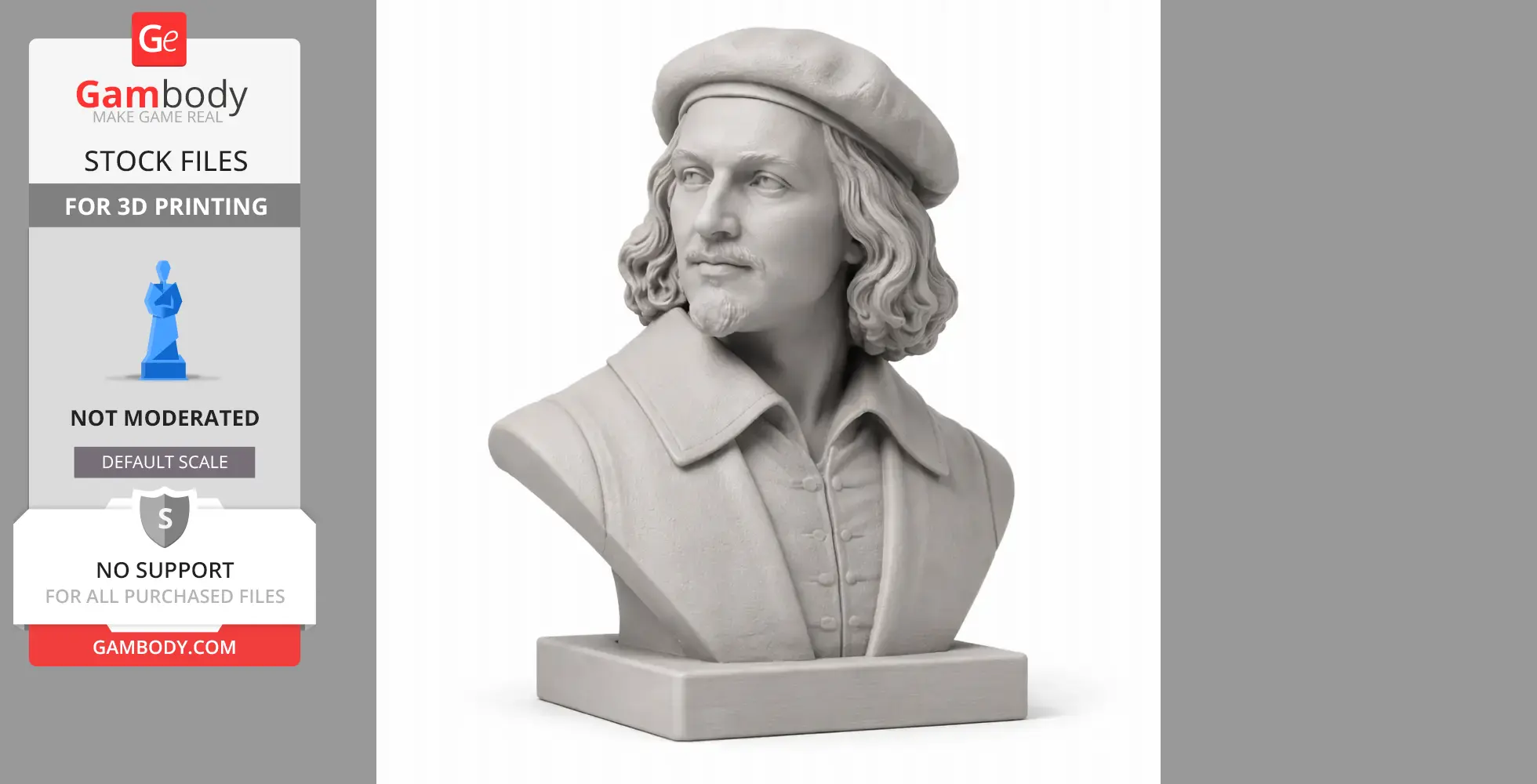 A detailed 3D bust of a historical man with long hair and a beret, wearing a collared shirt.