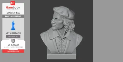 Bust of a historical figure with a beret and buttoned shirt, in a classic pose, designed for 3D printing.