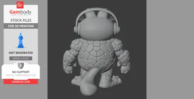 Mashup figure with a stone-textured body and cat-like ears, wearing headphones, viewed from behind.