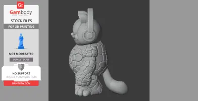 A cartoon cat-thing mashup figure with headphones and textured body, side view.
