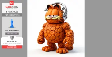 Garfield-Thing mashup figure with rocky texture and headphones for 3D printing.