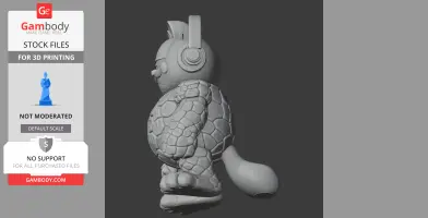 A 3D model of a cartoon character with a rocky texture, headphones, and a tail.