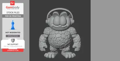 A mashup figure of Garfield with a rocky texture and headphones, designed for 3D printing.