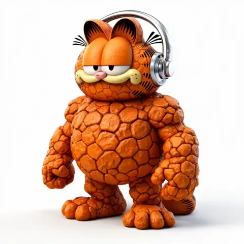 A mashup figure with Garfield's head on a rock-textured body, wearing headphones.