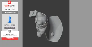 3D model of a cartoonish character with a helmet and cape, holding a hammer. Designed for 3D printing.