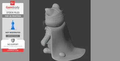 A 3D model of a mashup figure with cat features, armored outfit, and a cape, resembling Garfield as Thor.