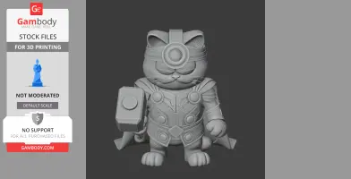 A 3D model of a cat dressed as a superhero with a hammer, combining features of two popular characters.