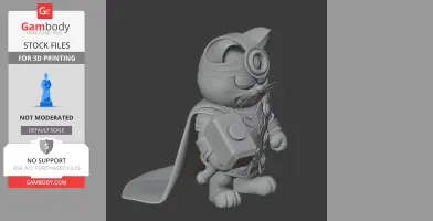 Cartoon cat with Thor’s armor and hammer, wearing a cape, in a playful superhero mashup.