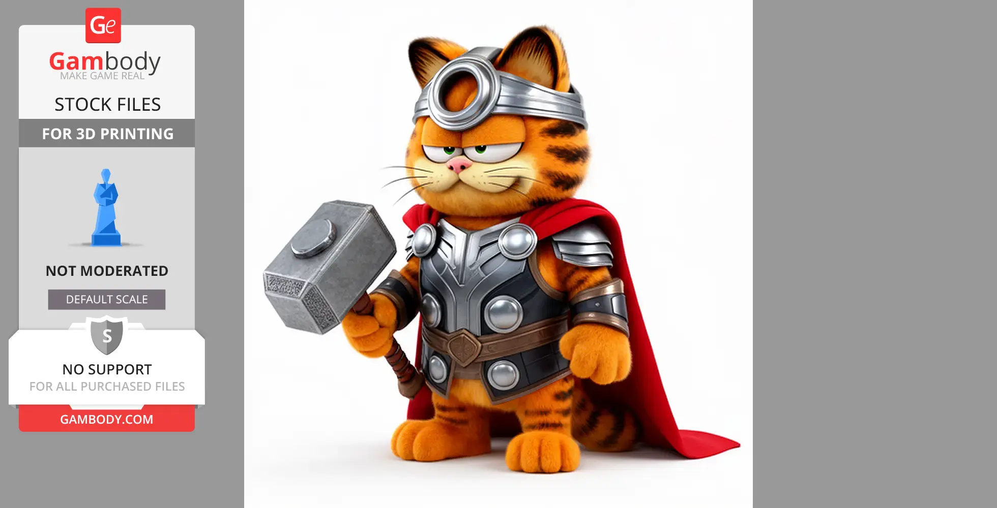 Garfield dressed as Thor, holding a hammer, wearing a silver armor, and red cape.