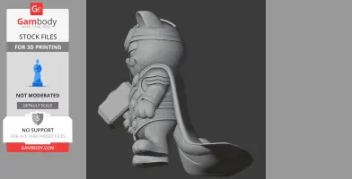 Anthropomorphic cat in superhero armor with hammer and cape, side profile view for 3D printing.