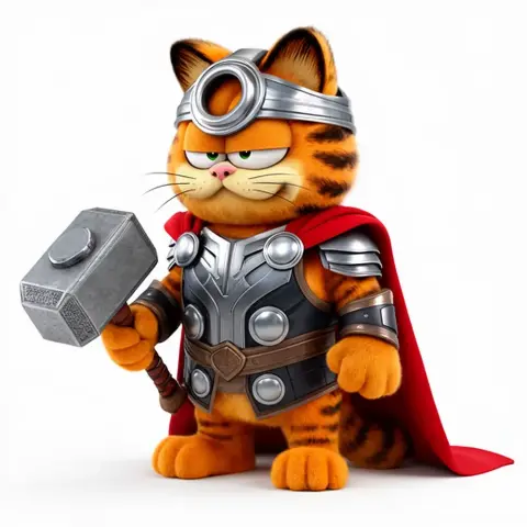 Garfield dressed as Thor, holding a hammer and wearing armor with a red cape.