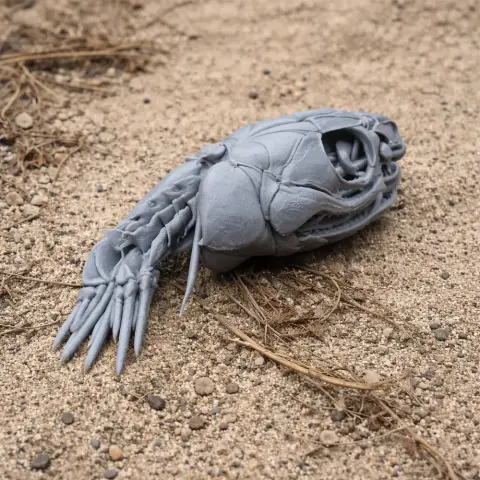 A detailed 3D printed Eastern Brown Snake skull replica resting on sandy ground.