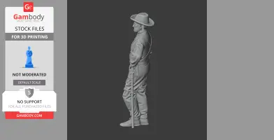 3D model of a Civil War soldier in period attire, standing with a rifle, wearing a wide-brimmed hat.