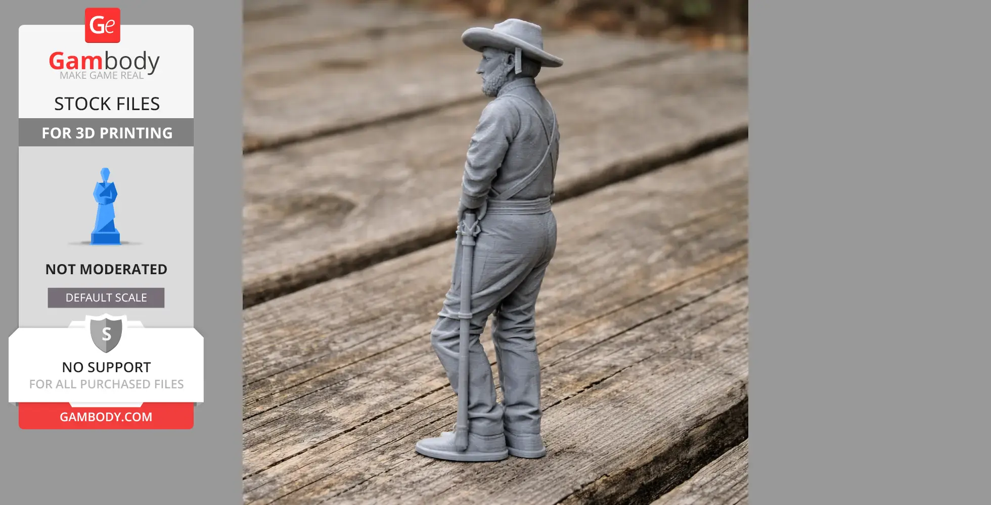 3D printed model of a Civil War soldier in uniform with a hat, holding a rifle, standing on a wooden surface.