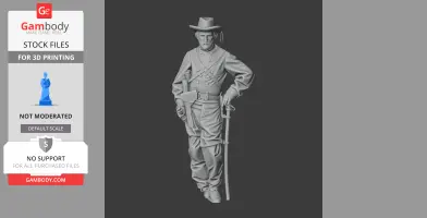 A 3D model of a Civil War soldier in uniform, posed with one hand on a sword, wearing a hat.